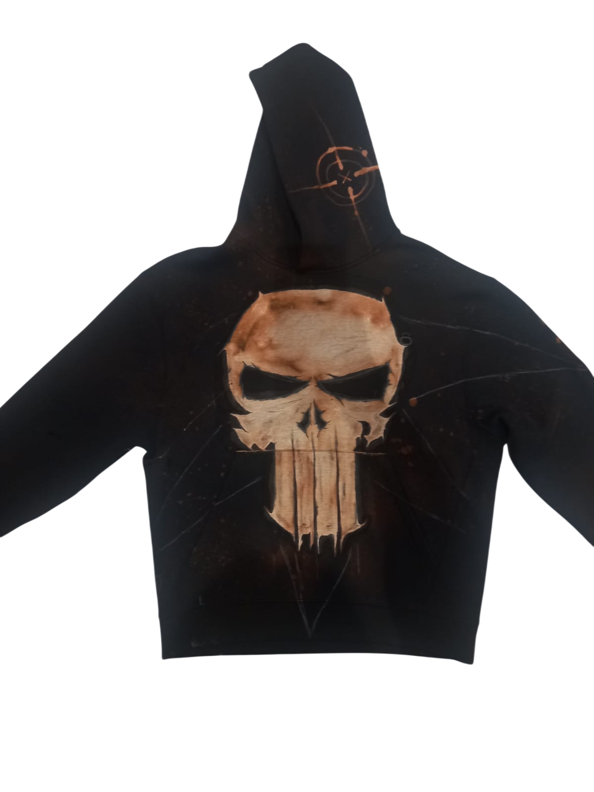 Front of a black hoodie with a hand-painted skull design